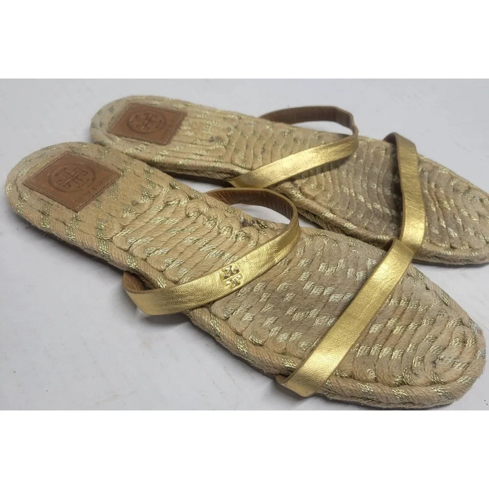 Tory Burch‎ Metallic Leather Espadrille Slide Sandals Woven Rope Flat Logo sz 10